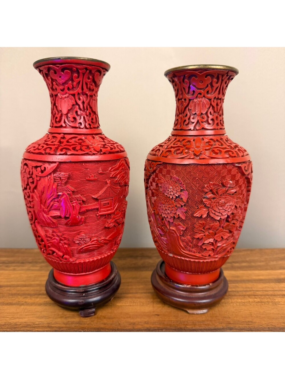 Pair of Antique Red Cinnabar Carved Vases with Wooden Stands